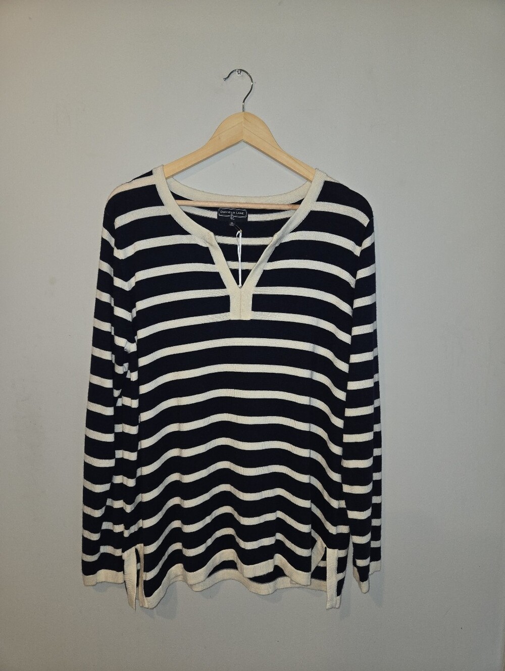 Duffield Lane Cashmere Blend Navy Cream Striped V-Neck Coastal Sweater XL